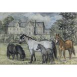 CHARLES FREDERICK TUNNICLIFFE OBE RA preliminary drawing in mixed media - ponies in a garden of a