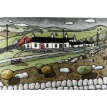 ALAN WILLIAMS acrylic - row of whitewashed cottages, entitled verso 'Farm Aberystwyth', signed, 34 x