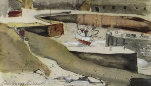 JOHN KNAPP-FISHER mixed media - figures and boats in harbour, entitled verso on Attic Gallery