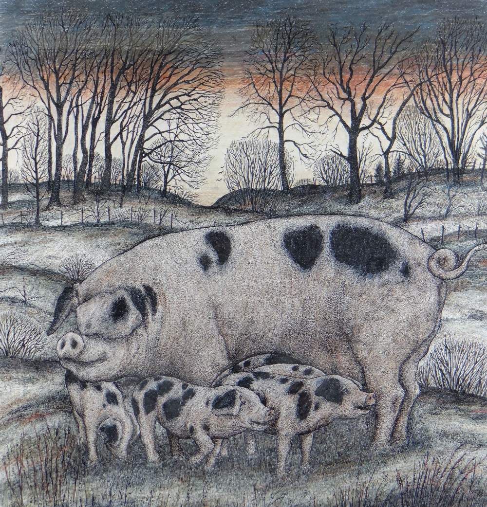 SEREN BELL mixed media - entitled verso 'Gloucester Old Spot with Piglets', signed, 47 x 46cms