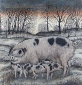 SEREN BELL mixed media - entitled verso 'Gloucester Old Spot with Piglets', signed, 47 x 46cms