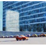 PHIL NICOL oil on board - urban view with parked cars and light reflection on office block, 16 x