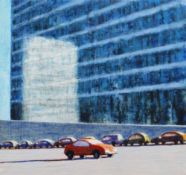 PHIL NICOL oil on board - urban view with parked cars and light reflection on office block, 16 x