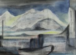 MERYL WATTS mixed media on newspaper - entitled verso 'North Wales Harbour View', together with