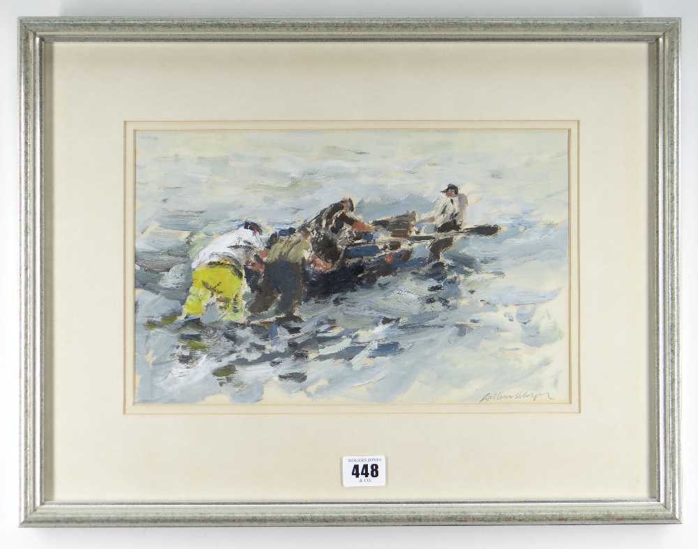 WILLIAM SELWYN oil on paper - four fisherman on the Menai Straits, entitled 'Pysgodwyr ar y Menai ( - Image 2 of 2