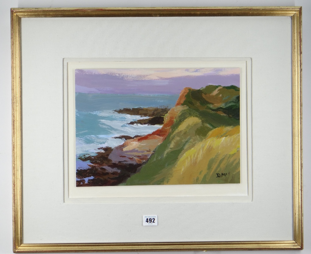 DONALD MCINTYRE acrylic - entitled verso on Attic Gallery Swansea label 'Pembs Coast No. 2', - Image 2 of 2