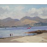 GARETH THOMAS oil on board - view across estuary with standing figures and boat, signed, 24.5 x