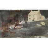 JOHN KNAPP-FISHER mixed media - house and fishing boats, signed and dated 1994, 14 x 22cms