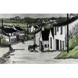ALAN WILLIAMS acrylic - village street scene with figures and tethered pony, entitled verso '