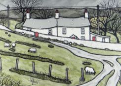ALAN WILLIAMS acrylic - whitewashed cottages with grazing sheep in foreground, entitled verso '