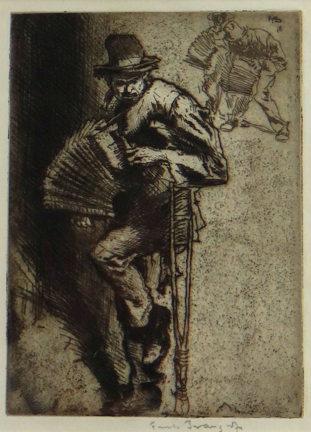 SIR FRANK BRANGWYN RA 1911 etching - entitled 'The Beggar Musician' signed in pencil, 24 x 18cms