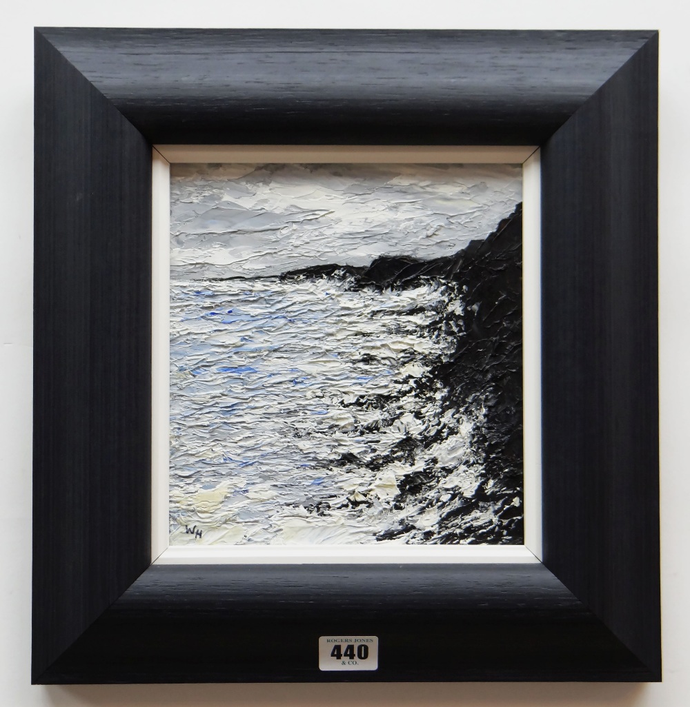 WYN HUGHES oil on board - coastal cliffs and waves, signed with initials, 21.5 x 19cms Provenance: - Image 2 of 2