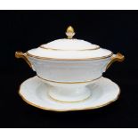 A SWANSEA PORCELAIN GILDED TUREEN, COVER & STAND, the tureen of circular pedestal form with