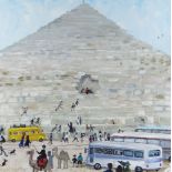 NICK HOLLY oil - Egyptian pyramid with tour buses, camels and figures, signed, 28 x 28cms