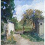 LEONARD BEARD oil on paper - farmyard with trees and gate, signed, 25 x 25cms Provenance: private