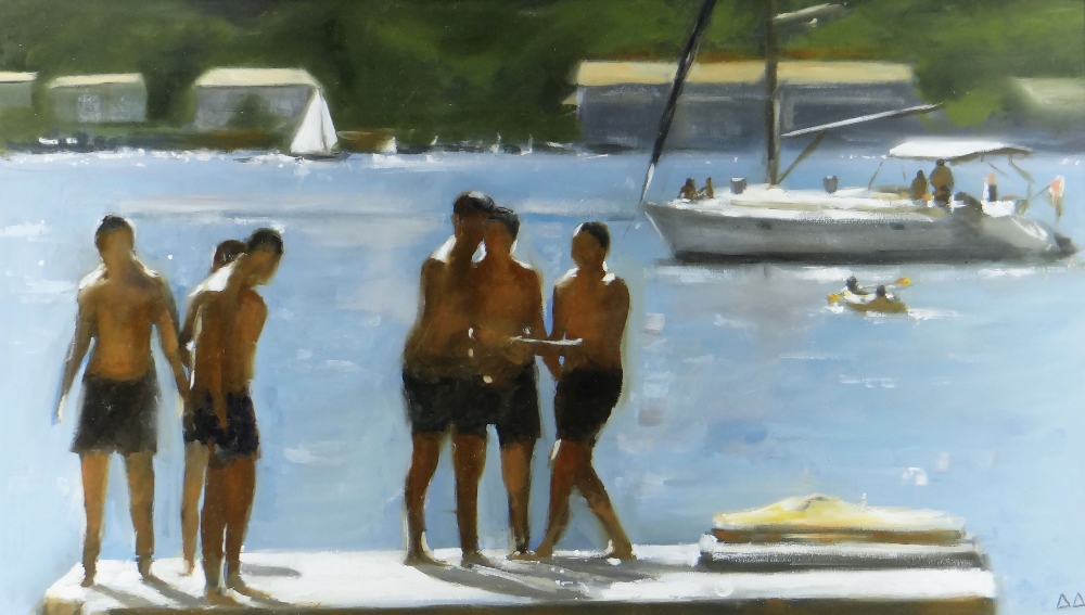 DAI DAVID acrylic - boys in swimming trunks at harbour with yacht, signed with initials, 27 x