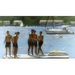 DAI DAVID acrylic - boys in swimming trunks at harbour with yacht, signed with initials, 27 x