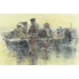 WILLIAM SELWYN mixed media - fishermen on boat, signed, 27 x 41cms Provenance: private collection