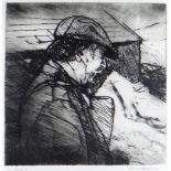 DAVID CARPANINI artist's proof etching - portrait of Sir Kyffin Williams in flat-cap and raincoat,