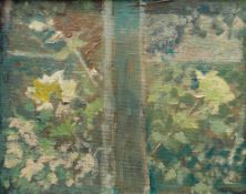 GORDON STUART oil on board - view from window with flowers, unsigned, 23 x 29cms Provenance: