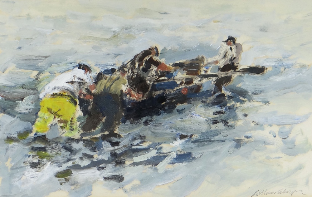 WILLIAM SELWYN oil on paper - four fisherman on the Menai Straits, entitled 'Pysgodwyr ar y Menai (