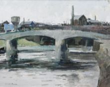 GARETH PARRY oil on canvas - the River Taff and Cardiff skyline, entitled verso on Kooywood