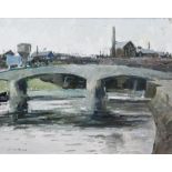 GARETH PARRY oil on canvas - the River Taff and Cardiff skyline, entitled verso on Kooywood