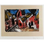JOSEF HERMAN OBE RA limited edition (62/150) colour print - figure seated in village with church,