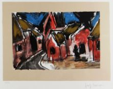 JOSEF HERMAN OBE RA limited edition (62/150) colour print - figure seated in village with church,
