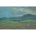 ANEURIN JONES oil on board - Welsh landscape with sheep and distant farm, 37 x 57cms Provenance: