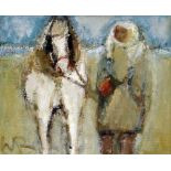 WILL ROBERTS oil on board - figure leading pony, entitled verso 'White Pony, Penclawdd', signed with