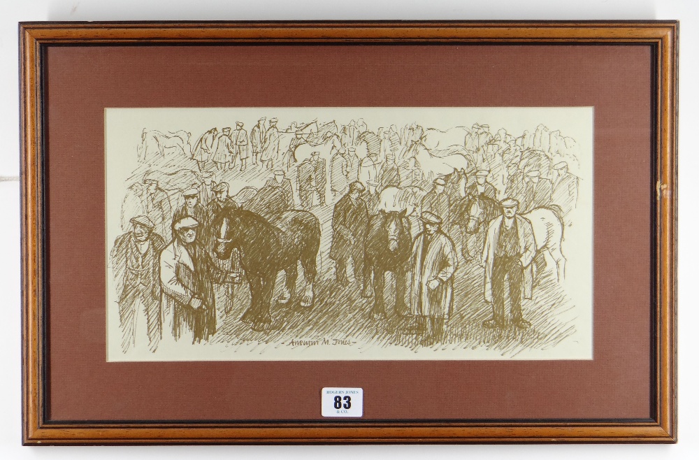 ANEURIN JONES monoprint - figures and horses at a horse fair, 19 x 37cms Provenance: private - Image 2 of 2