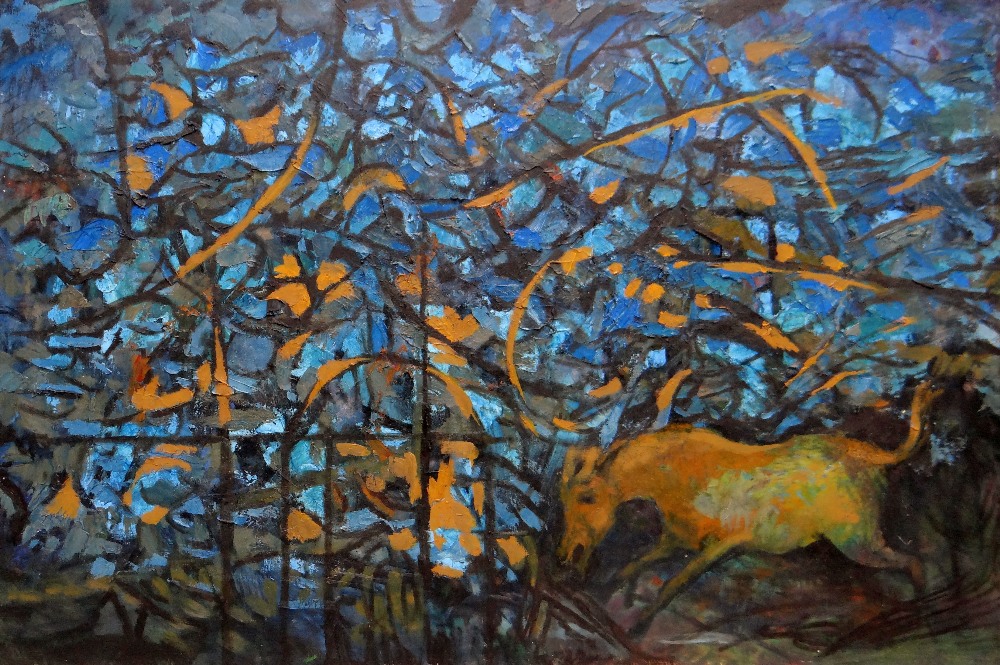 JOHN ELWYN oil on canvas - neo-Romantic composition with horse and undergrowth, entitled 'A