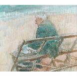 GORDON STUART watercolour - seated male on bench with packed lunch, entitled verso 'Late Lunch and