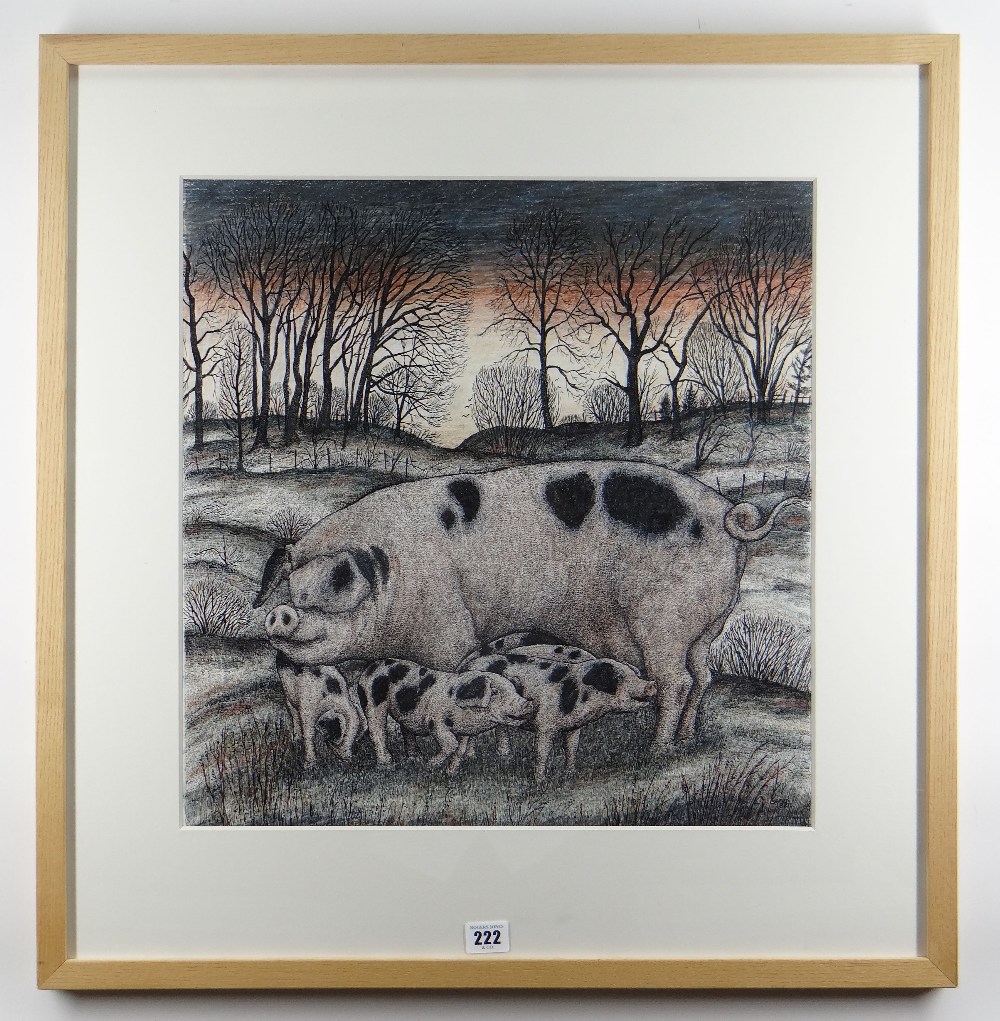 SEREN BELL mixed media - entitled verso 'Gloucester Old Spot with Piglets', signed, 47 x 46cms - Image 2 of 2