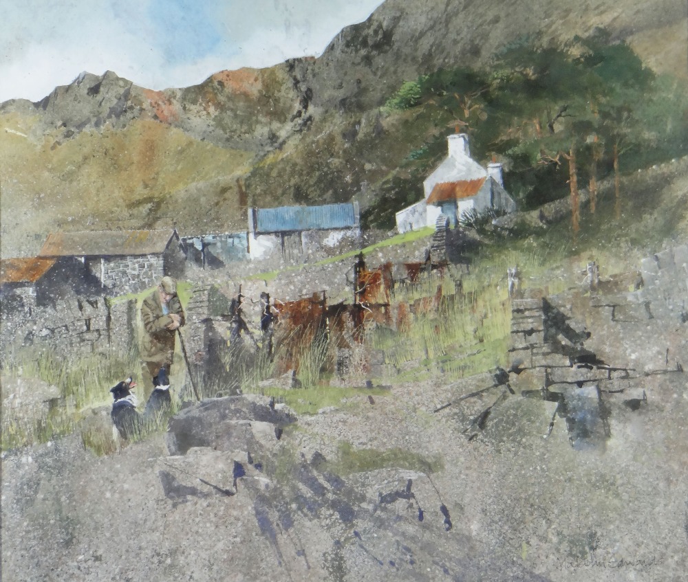MALCOLM EDWARDS watercolour - Scottish Highland farm with farmer and two sheep-dogs, entitled