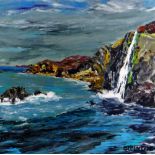 SION MCINTYRE oil on card - waterfall over cliff face, entitled verso 'Tresaith Waterfall,