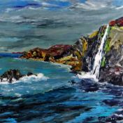 SION MCINTYRE oil on card - waterfall over cliff face, entitled verso 'Tresaith Waterfall,