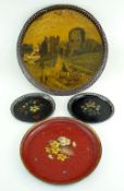 GROUP OF PONTYPOOL OR USK JAPANNED TRAYS comprising pair of circular floral painted trays with