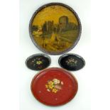 GROUP OF PONTYPOOL OR USK JAPANNED TRAYS comprising pair of circular floral painted trays with