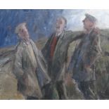 GARETH PARRY oil on canvas - three standing gentleman in jolly conversation, entitled 'Tri Ffrind (