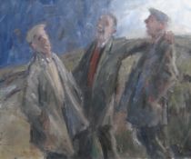 GARETH PARRY oil on canvas - three standing gentleman in jolly conversation, entitled 'Tri Ffrind (