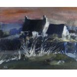 LEONARD BEARD oil on card - cottage at sunset, signed with initials, 23 x 29cms Provenance: