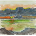 WILF ROBERTS watercolour and pencil - view across farmland with mountains in background, signed in