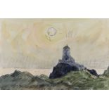 SIR KYFFIN WILLIAMS RA mixed media - Ynys Mon (Anglesey) coastal sunset with Twr Mawr lighthouse
