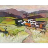 JOHN ELWYN acrylic on paper - landscape, entitled verso on Ash Barn Gallery label, 'Mid Wales Farm',