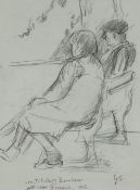 GORDON STUART pencil sketch - two seated figures entitled 'Watching Boules Near Grasse, 1993',