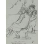 GORDON STUART pencil sketch - two seated figures entitled 'Watching Boules Near Grasse, 1993',