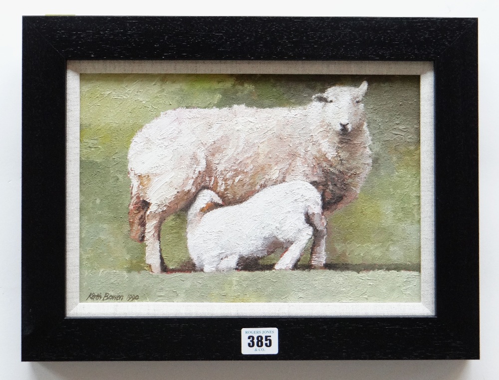 KEITH BOWEN oil on canvas - ewe with feeding lamb, signed and dated 1990, 20 x 29.5cms Provenance: - Image 2 of 2