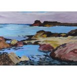 SION MCINTYRE oil on paper - coastal scene with rocky outcrop, entitled verso on Albany Gallery